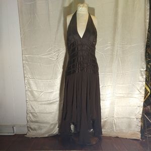 Vintage 80s 90s Eliza J New York Brown Silk Handkerchief Hem Halter Dress Size